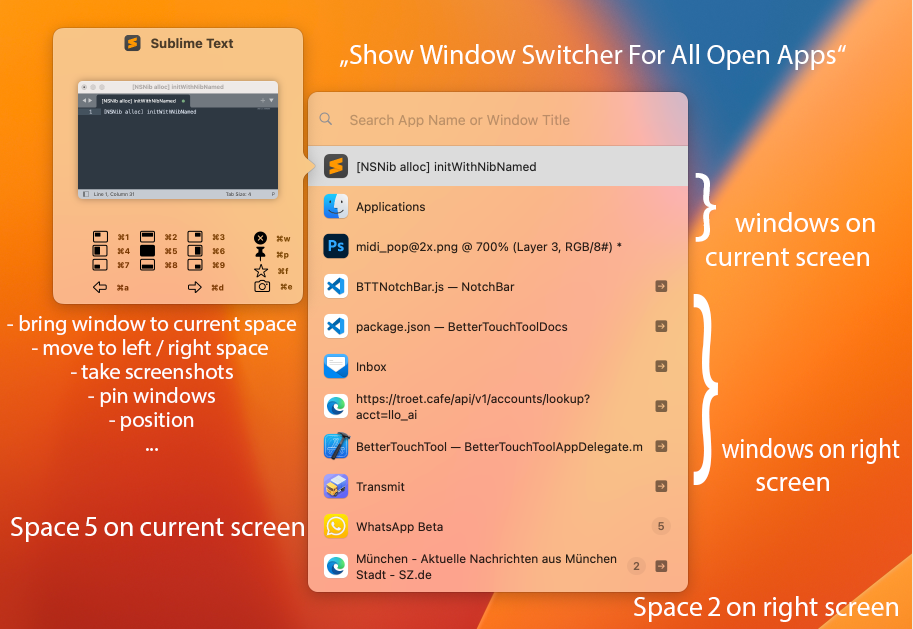BetterTouchTool window switcher interface on macOS