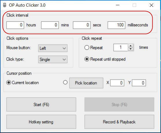 OP Auto Clicker main interface showing click interval and location settings