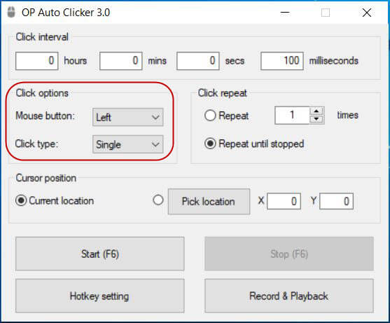 OP Auto Clicker advanced options for click type and repeat settings