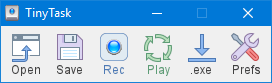 TinyTask toolbar showing Record, Play, Save and Open buttons for auto clicking