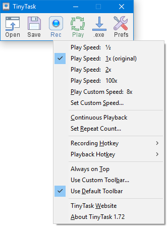 TinyTask context menu showing playback speed, continuous playback, and hotkey options