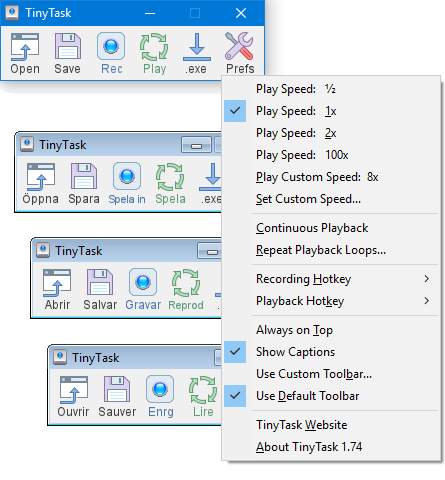 TinyTask portable toolbar showing Record, Play, and Stop buttons